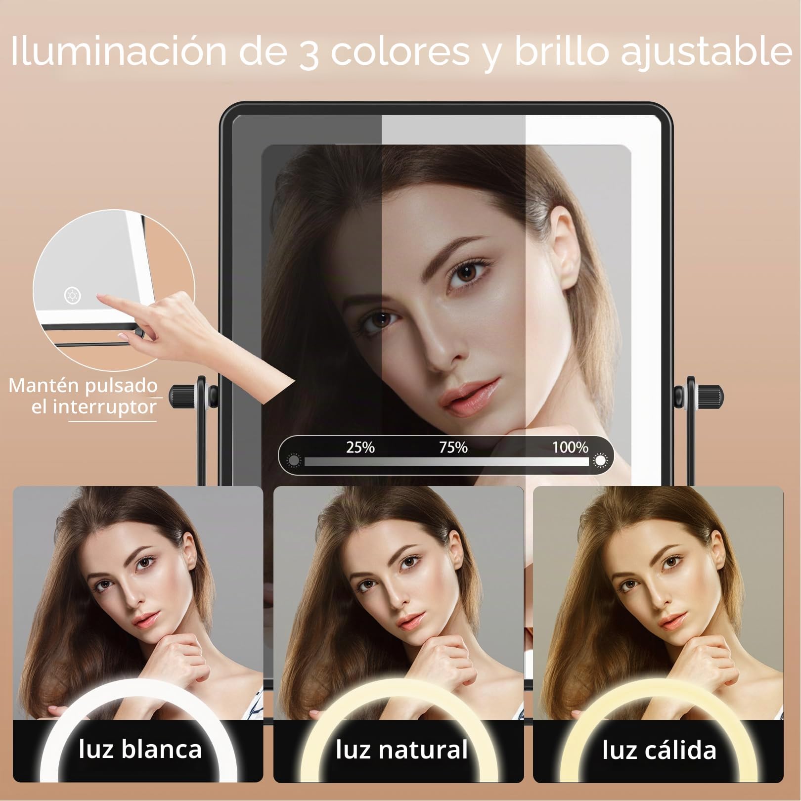 Famihomii 5000mAh Espejo de Maquillaje Recargable con iluminación LED | espejo de maquillaje con aumento de 1/30x e interruptor táctil,espejo de afeitar regulable,giratorio 360° (negro)