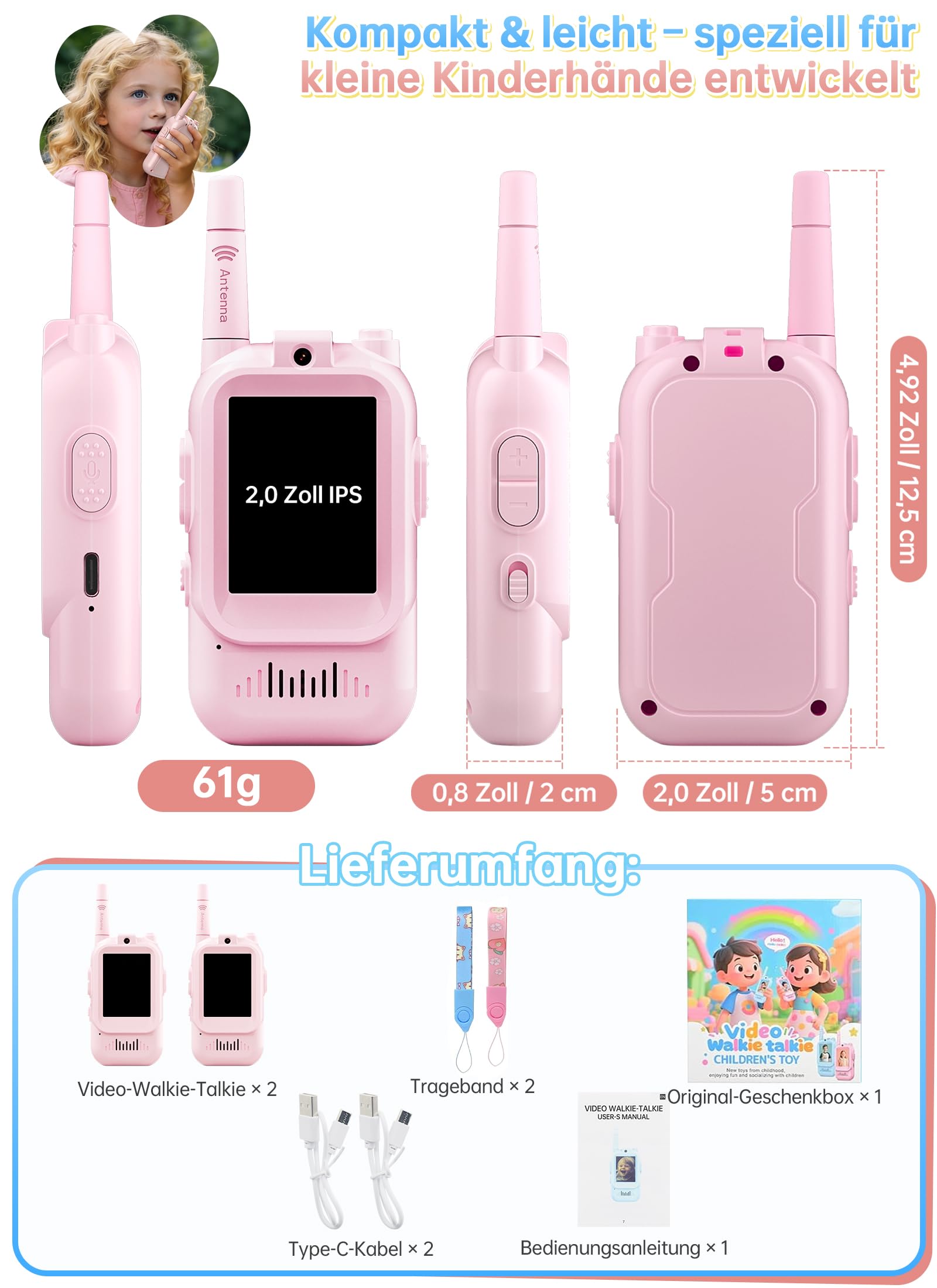 Walkie Talkie Kinder mit HD Video, Geschenk Mädchen Junge 4 5 6 7 8 Jahre, 2er-Set mit Kamera & Bildschirm, Automatische Kopplung, USB-C Wiederaufladbar, Spielzeug für Zuhause & Outdoor (Blau & Pink)