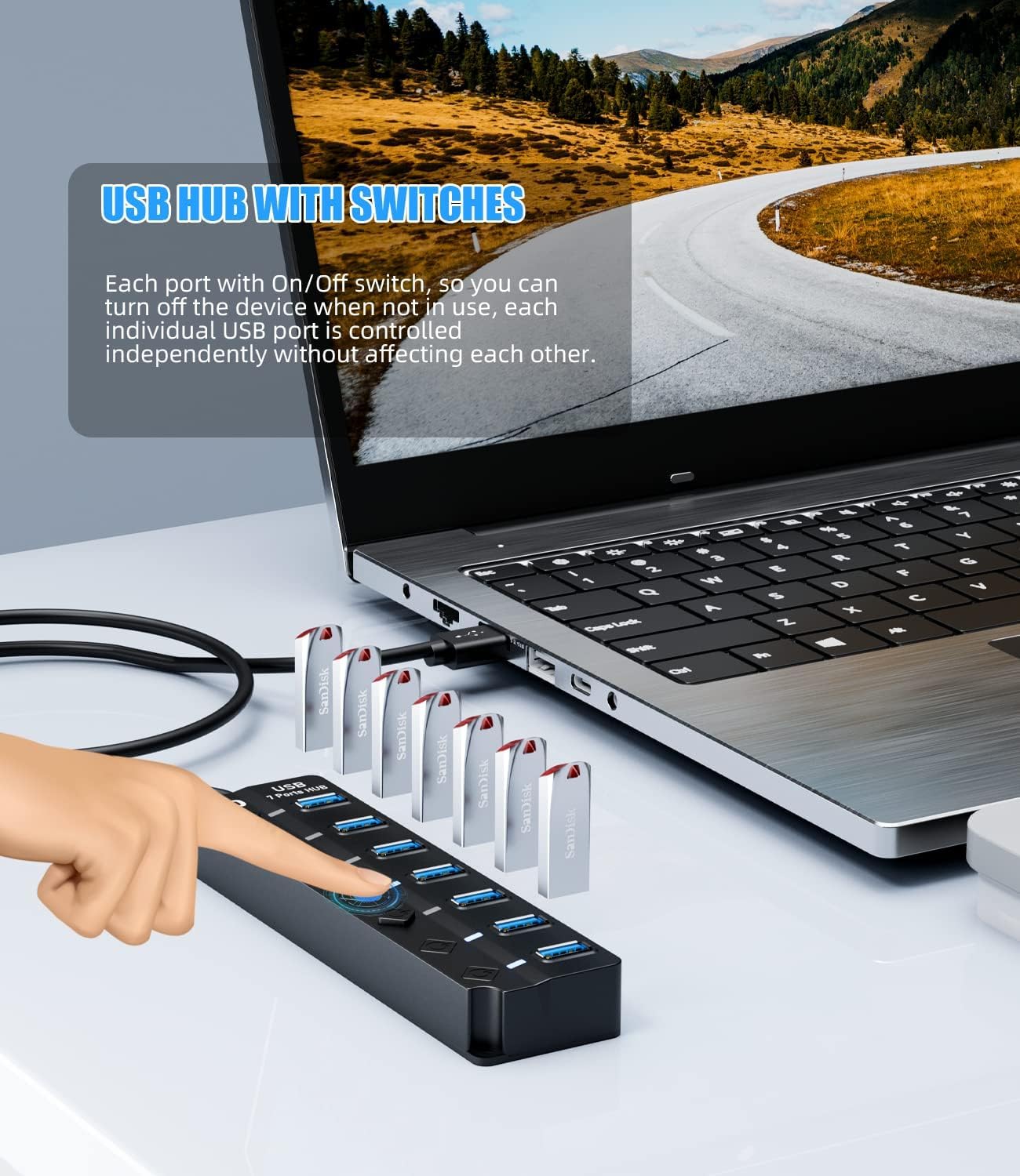 Hub USB do laptopa, SNLLMZI 7-portowy rozdzielacz koncentratora USB 3.0 z indywidualnymi włącznikami i światłami, kabel o długości 1,2 m, kompatybilny z laptopem, komputerem PC, Surface Pro, PS4/5