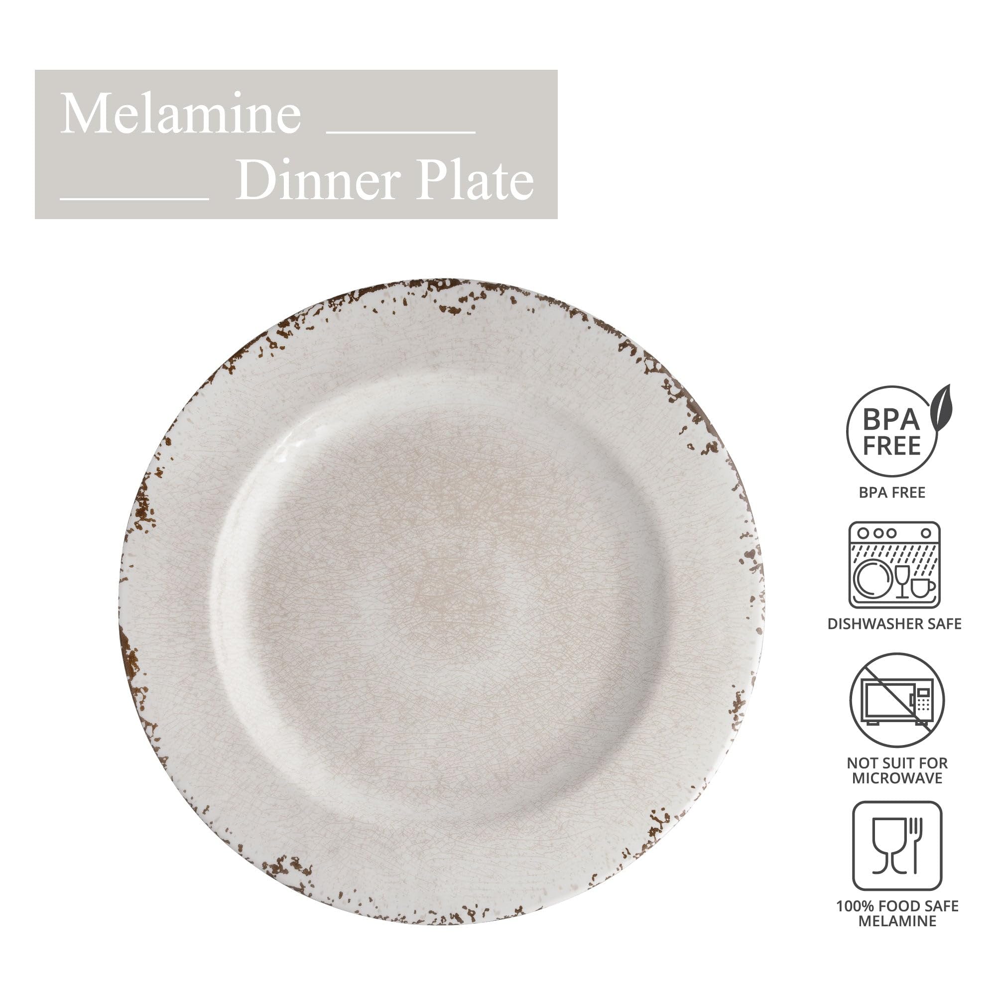 UP UPware - Set di 6 piatti piani in melamina crackle, piatti rotondi per portata principale, pasta e insalata, senza BPA, lavabili in lavastoviglie, color crema, 27 cm