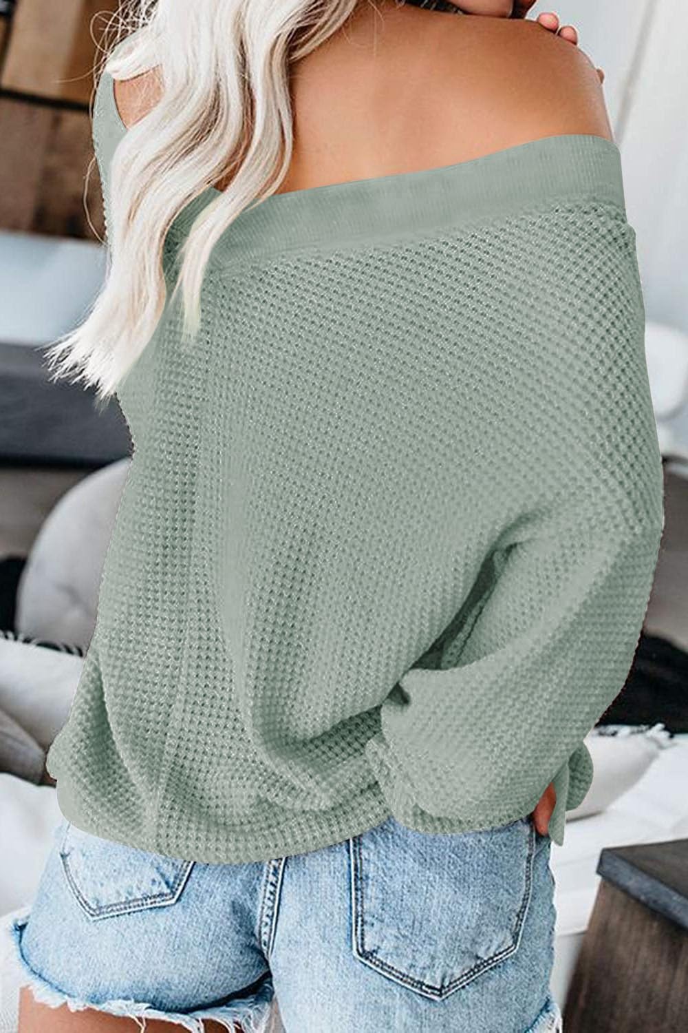 ReachMe Womens Oversized Off The Shoulder Tops Long Sleeve Waffle Knit Shirt Drop Shoulder Sweater Top: XX-Large 00 Light Sage