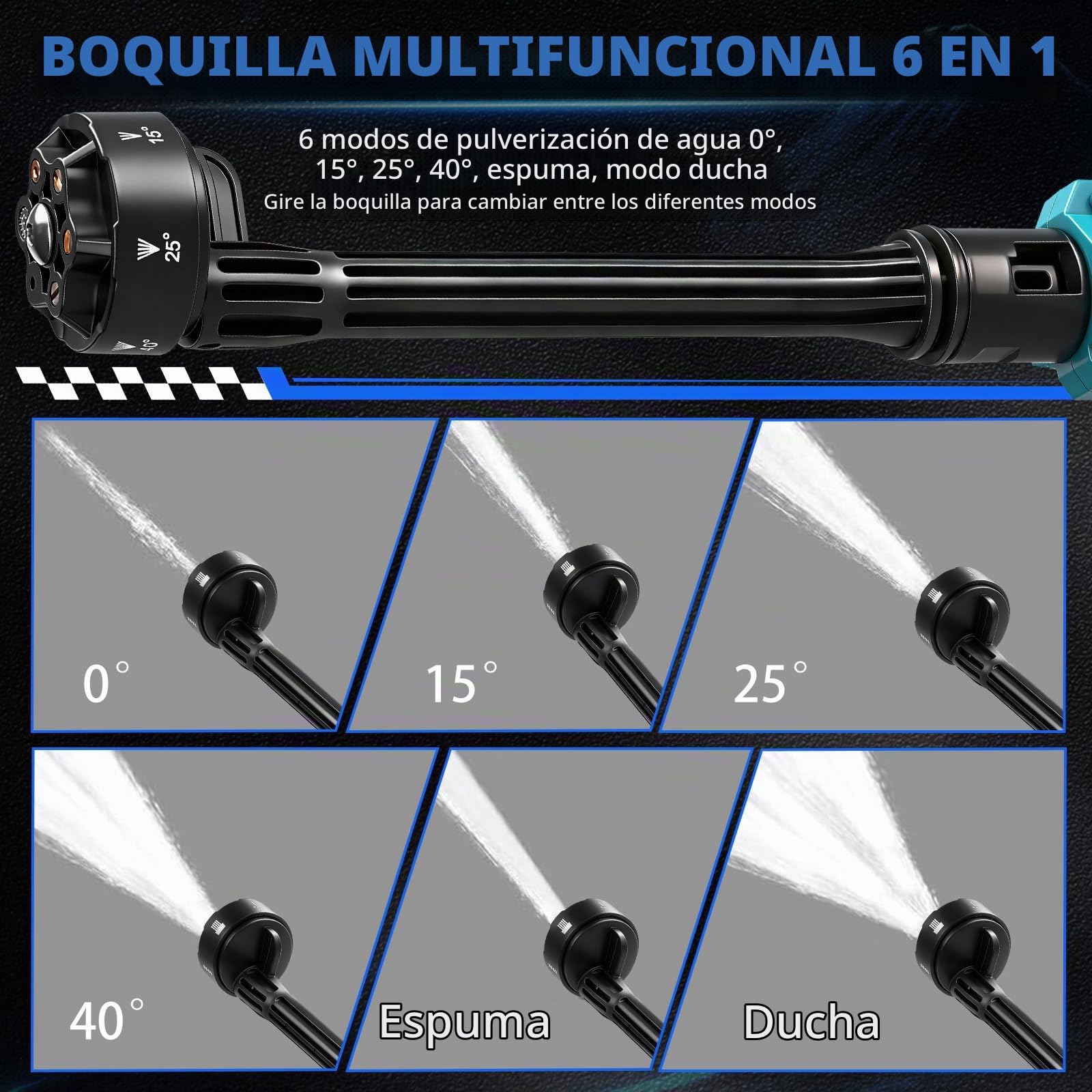 Limpiador Inalámbrico para Automóvil, 80 Bar, 6 en 1 Pistola Inalámbrica de Alta presión con Boquilla Ajustable, Lavado de Autos con Ajuste de Tres Etapas para Hogar, Jardín, Valla (Dos Baterías)