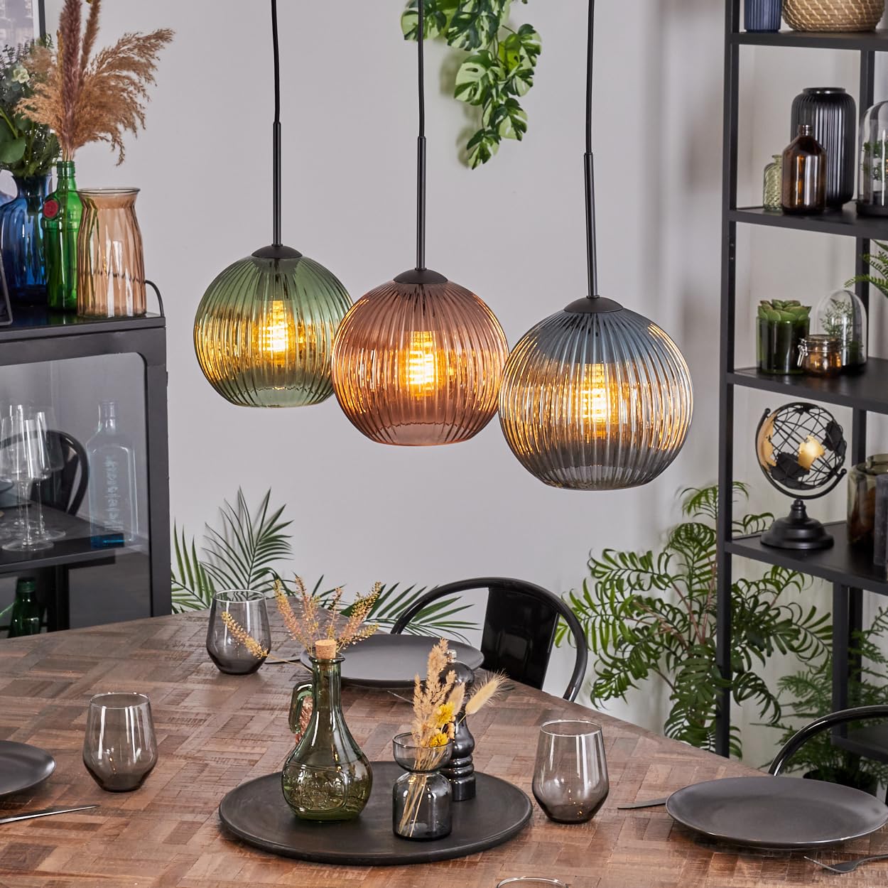 HOFSTEIN Koyoto Pendant Light, 3-Bulb Pendant Lamp Made of Metal/Ribbed Glass in Black/Green/Blue/Copper, Modern Pendant Light in Retro/Vintage Design (Shade Diameter 20 cm), E27, Dining Room, Living