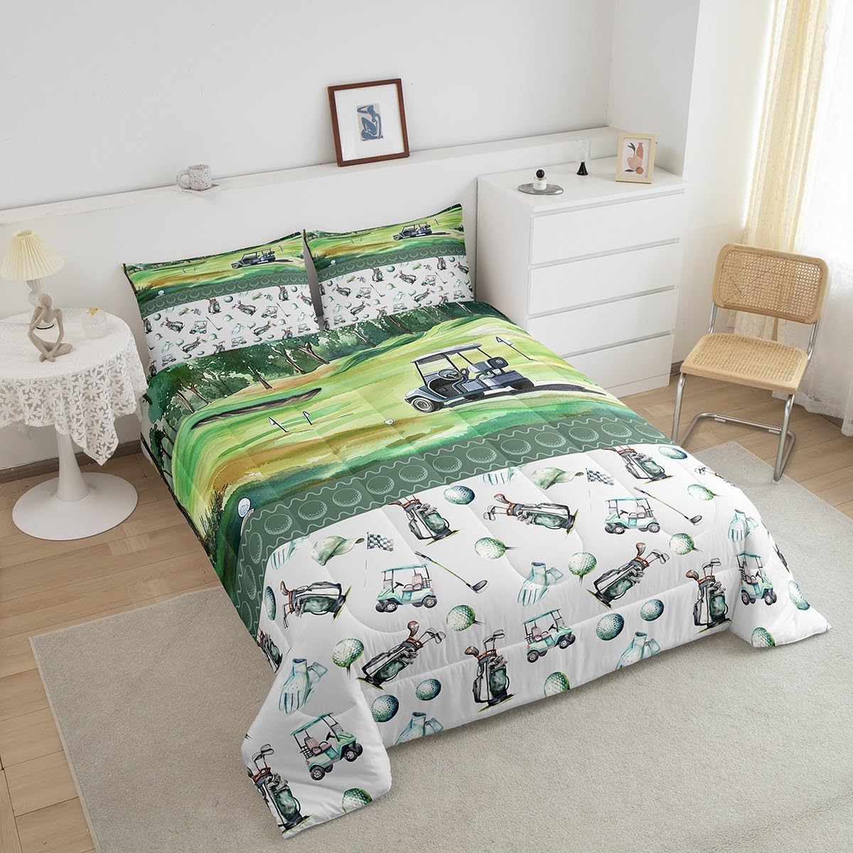 Homewish Golf Comforter Set King Size,Boys Sports Ball Games Themed Bedding Set All Season Quilt Set,Watercolor Golf Club Green Course Microfiber Polyester Down Comforter