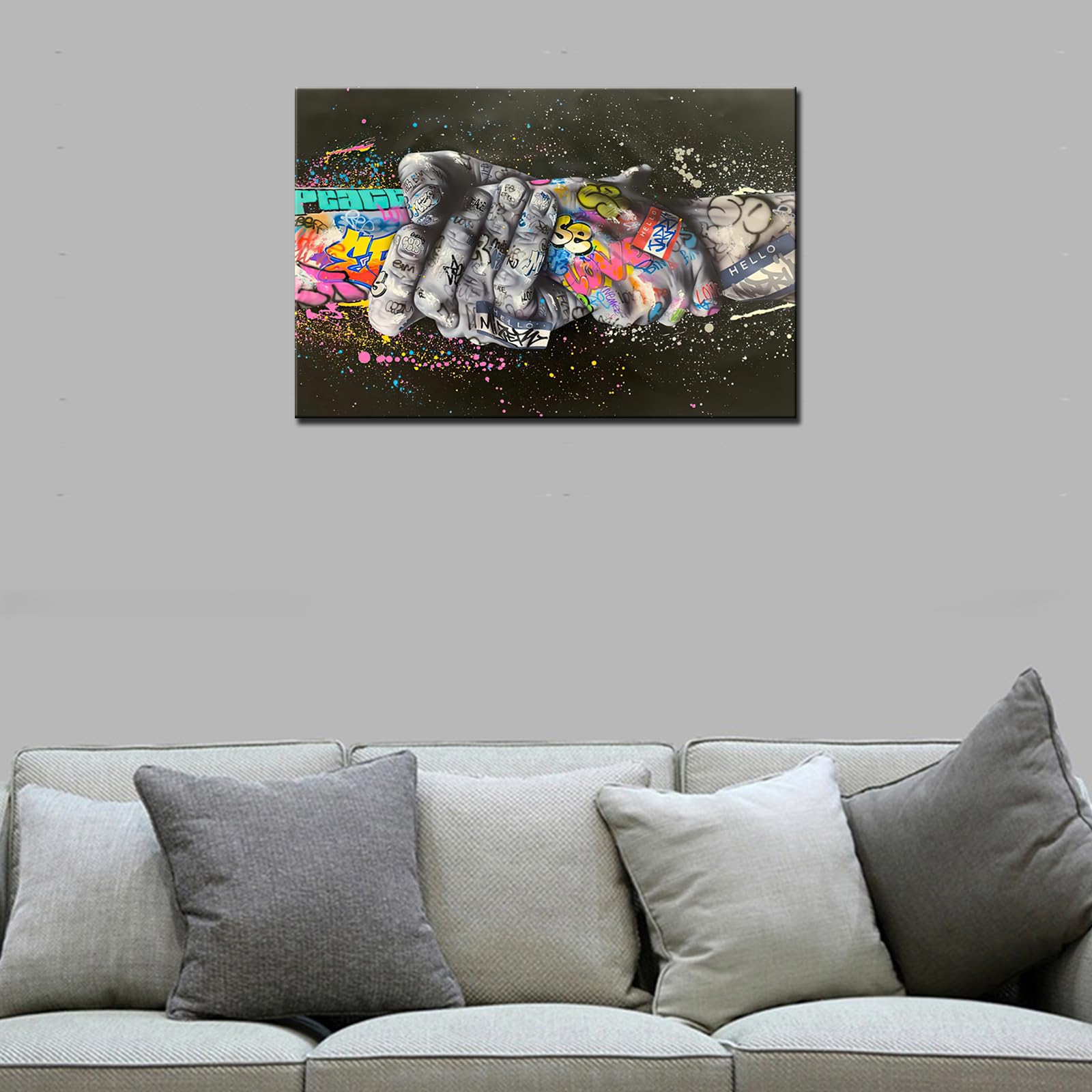 Hand Pictures Friendly Holding Hands Art Paintings Banksy Graffiti Artwork Peace Hand Wall Art 1P Living Room Home Modern Decor Wooden Framed Ready to Hang Poster and Prints(24''Wx16''H) - Image 3