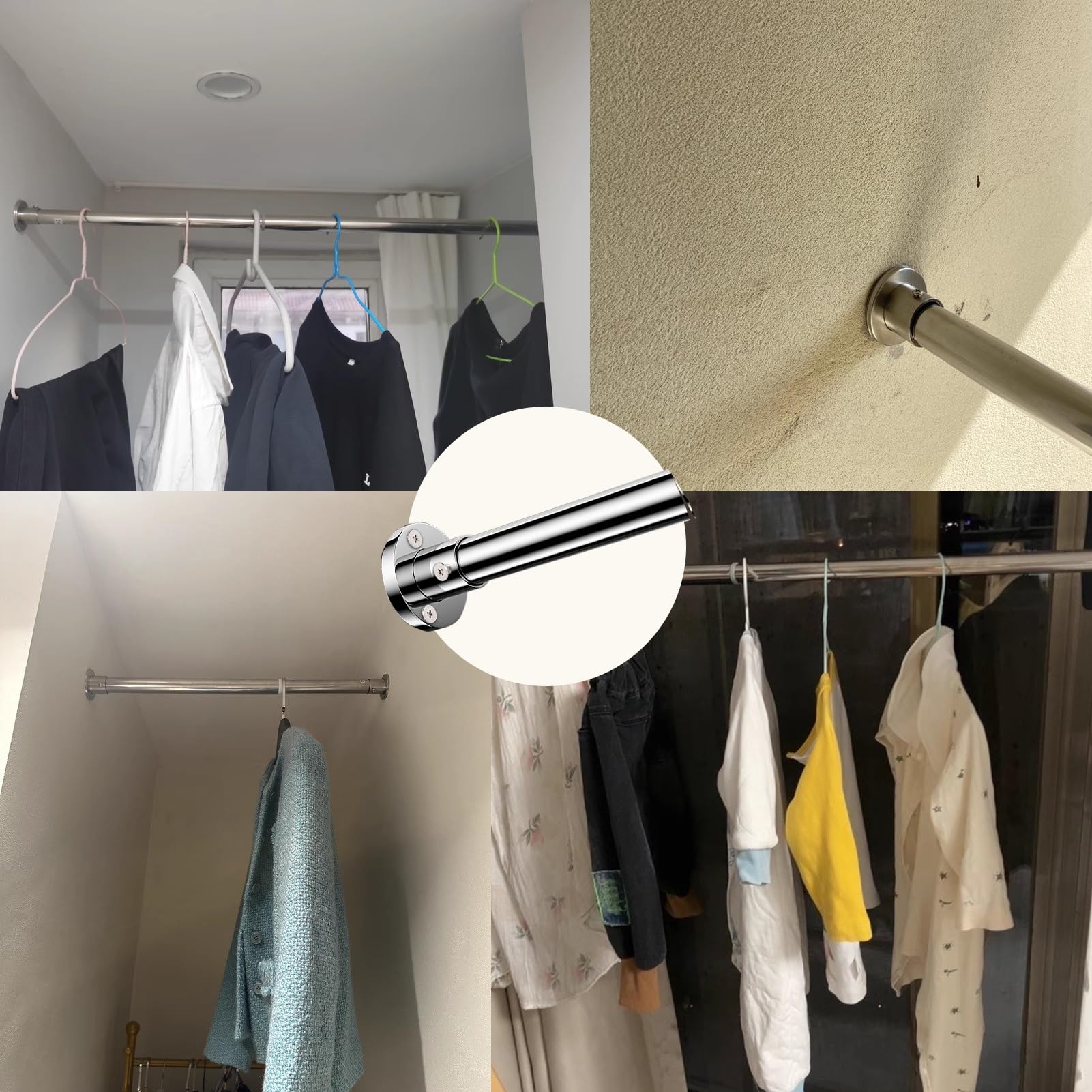 Barra Armario Perchero para Cortinas de Acero Inoxidable Plateado con Tornillos, Kit de Barras Para Cortinas de Alta Resistencia para Armarios/guardarropa, Barras Redondas para Colgar Ropa(280-350cm(1