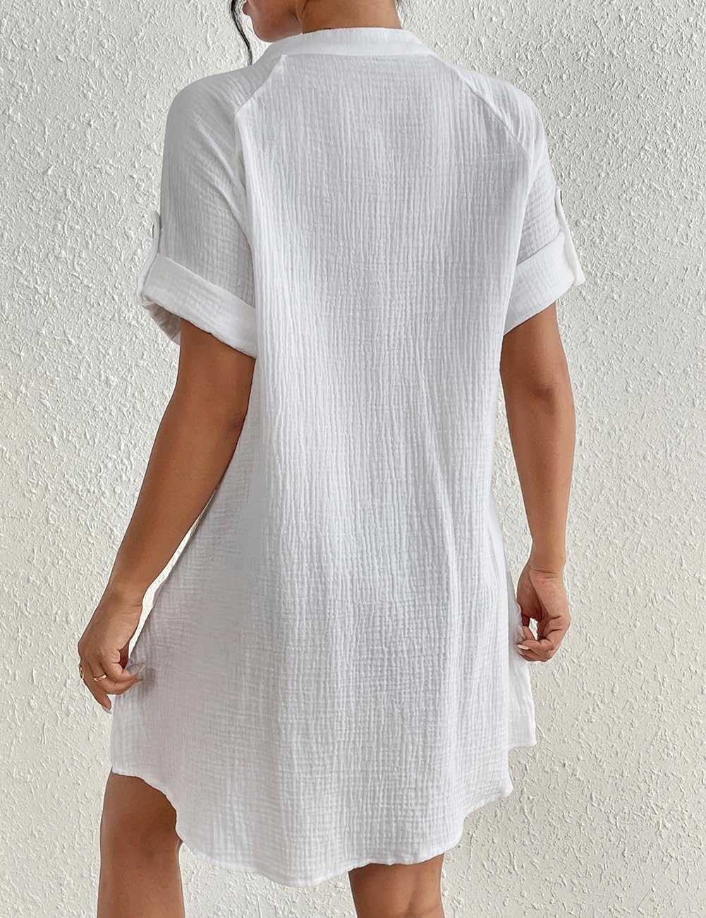 Bsubseach Traje de Baño Cover Up Vestido de Playa de Algodón con Botones Blusa Casual con Cuello en V