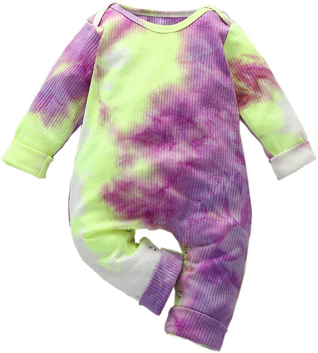 Newborn Baby Boy Girl Tie Dye Jumpsuit Long Sleeve Ribbed Romper Bodysuit One Piece Fall Clothes Outfit Pajamas Set (Purple,0-6 Months)
