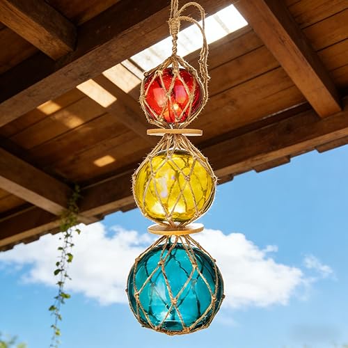 Glass Fishing Float Buoy Nautical Beach Coastal Decorative Balls Japanese Fish Net Buoys Tiki Holiday Decor - 2.36" Red, 3.15" Yellow, 4" Aqua Glass