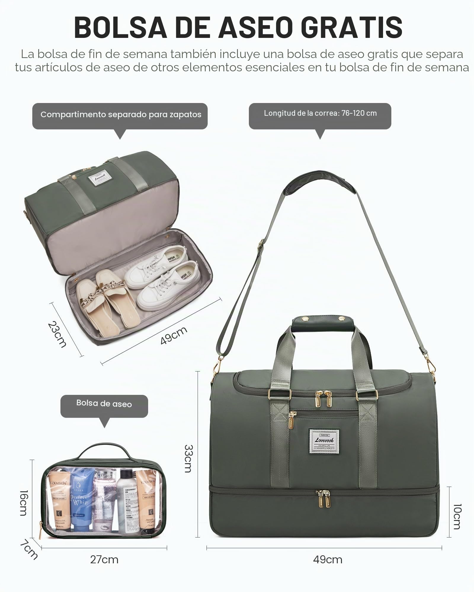 LOVEVOOK Sporttasche Reisetasche Damen Groß, Weekender Damen Reiseschen mit Kulturtasche, Schuhfach & Nassfach, Wasserdicht Gym Bag Travel Bags, Handgepäck Tasche für Sport Reise Flugzeug, verde, M