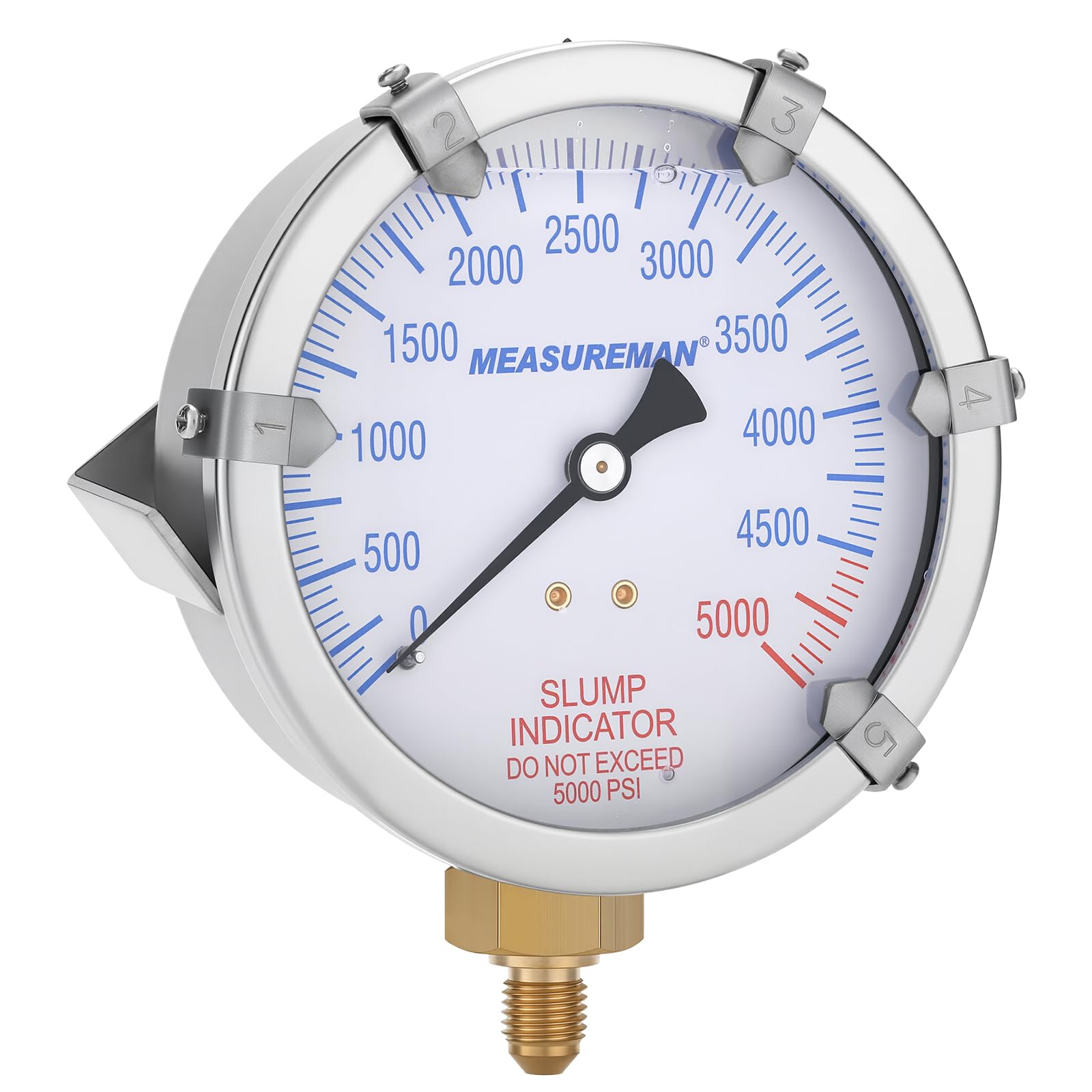 MEASUREMAN Indicador de caída de bomba de hormigón, esfera de 4 pulgadas, 0-5000 PSI con 5 punteros de objetivo ajustables, relleno de glicerina, caja de acero inoxidable 304, montaje inferior 7/16