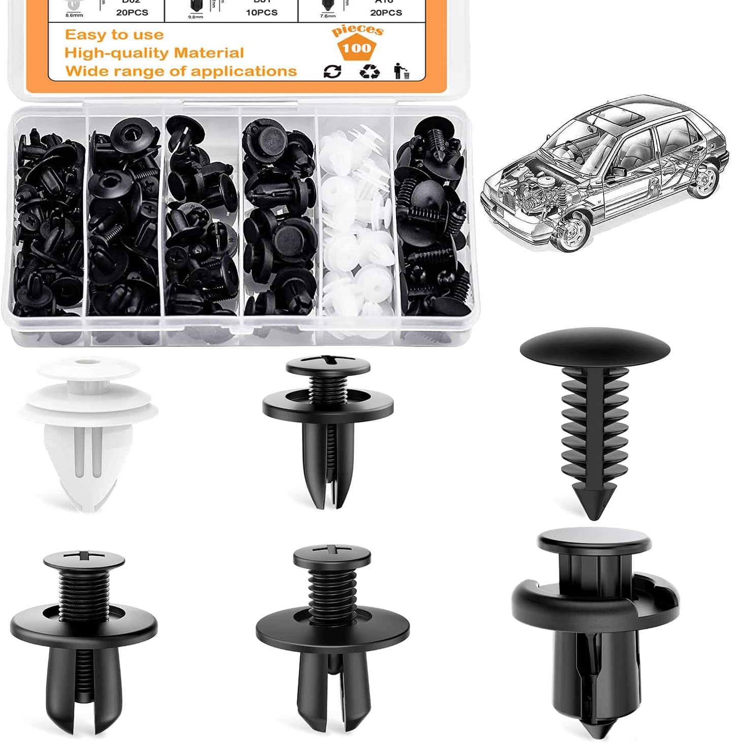 100 PCS Car Fixing Clips, 6 Types Car Body Trim Clips, Car Retainer