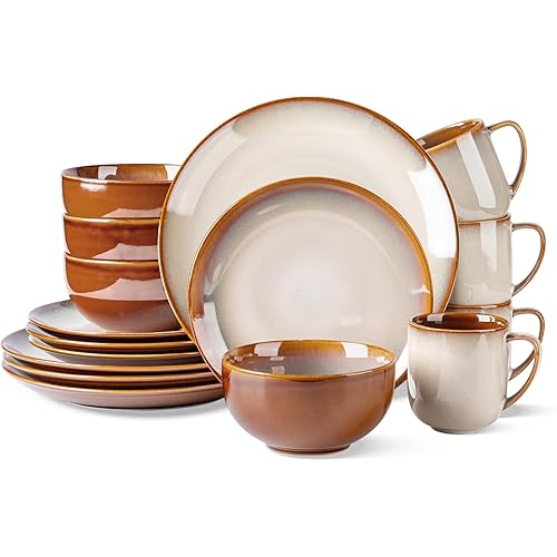 LERATIO Ceramic Dinnerware Sets for 4,16-Piece Reactive Glaze Plates and Bowls Set with Mugs,Highly Chip and Crack Resistant | Dishwasher,Microwave & Oven Safe Dishes set-Kahki