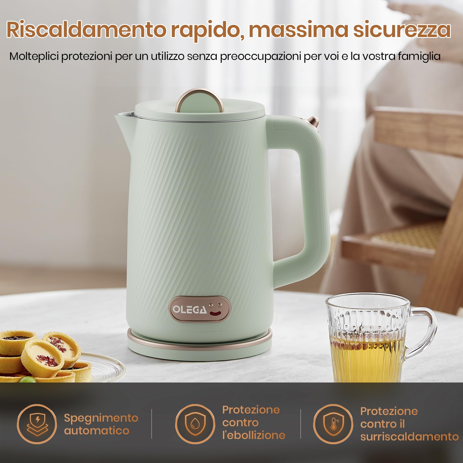 OLEGA Bollitore elettrico per acqua, bollitore per acqua calda a ebollizione rapida da 1800W, bollitore per acqua calda portatile da 1,8 litri Bollitore elettrico per tè Teiera (Verde)