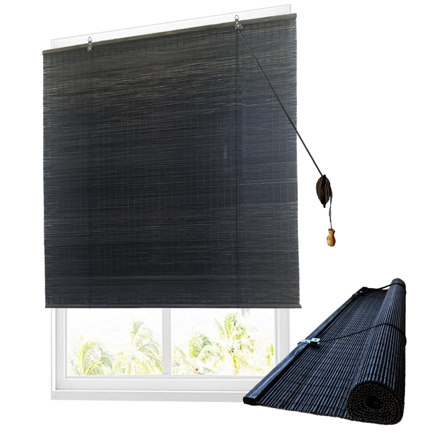 Bamboo Roller Blinds,Retro Roman Blinds,Natural Wooden Window Decorative Curtain,Light Filtering Roll Up Shades,Sunscreen for Windows,Indoor Outdoor Balcony,Custom,Width x Height (45cm x 150cm)