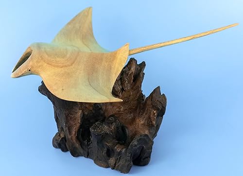 Miniatura 4 de G6 Collection Estatua de madera de rayas sobre coral de 8 pulgadas, decoración de peces marinos tallados a mano, escultura marina costera hecha a