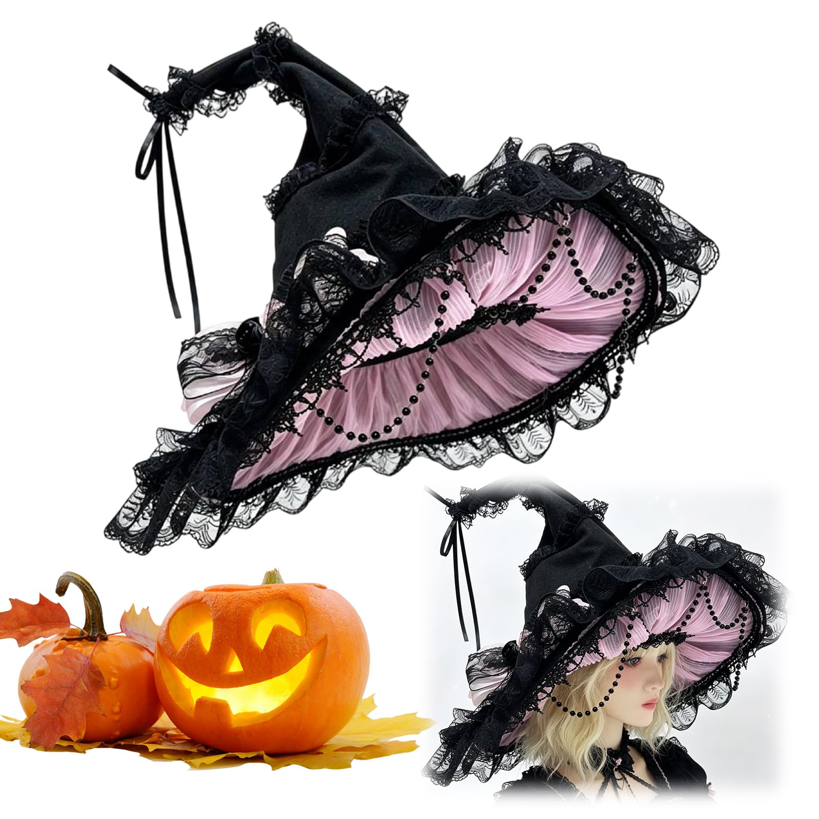 Cappello da strega Halloween a tesa larga in pizzo con fiocco