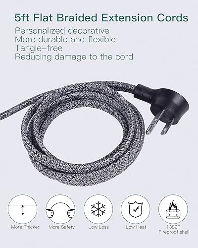Miniatura 5 de Addtam Tira de alimentación con certificado ETL, cable de extensión de enchufe plano con 3 puertos USB, cable trenzado de 5 pies, regleta de
