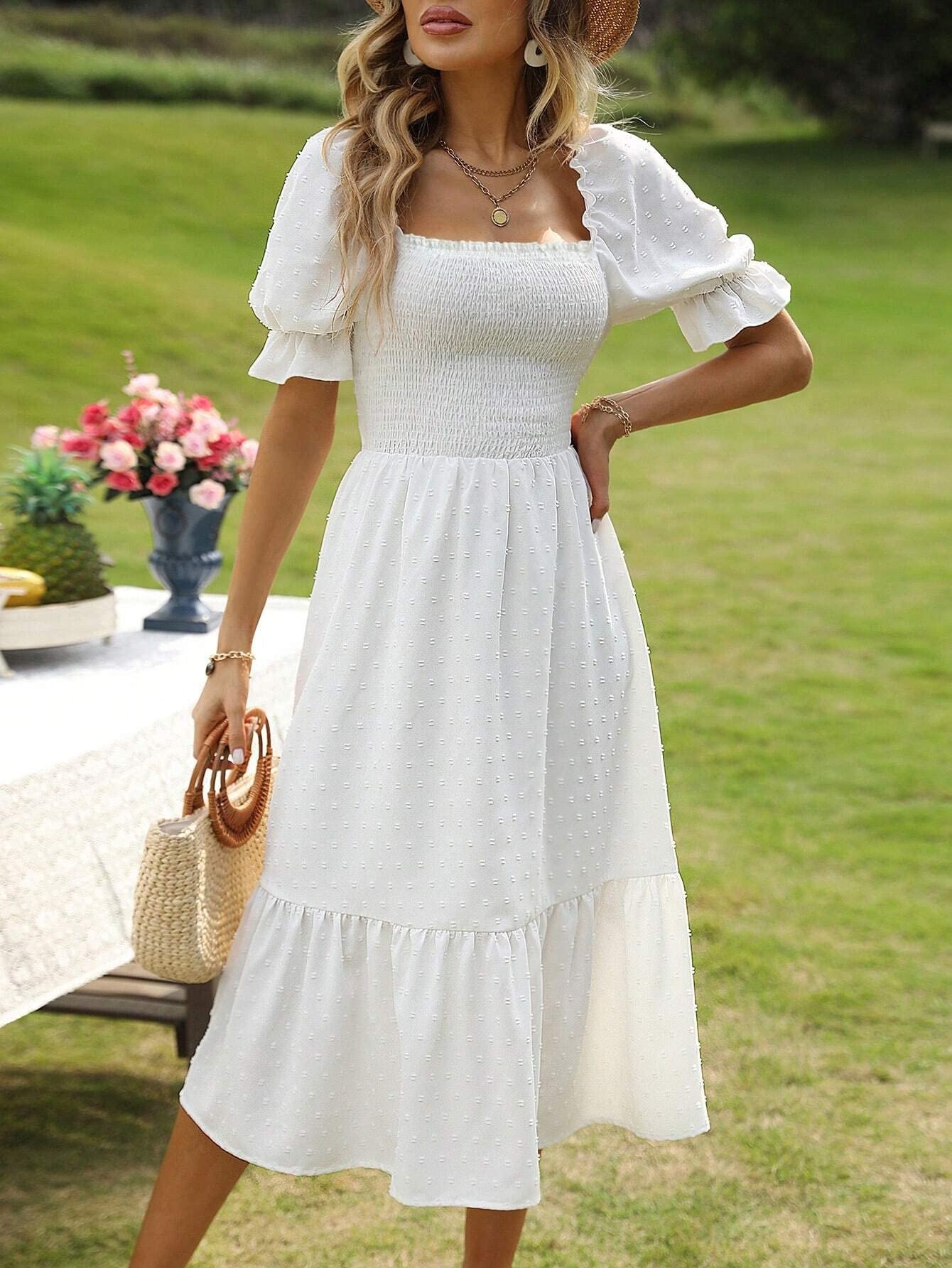 Amazon.com: Women's Dresses White Dress Swiss Dot Square Neck Shirred  Detail Puff Sleeve Ruffle Hem Dress White Dress Dress for Women (Color :  White, Size : Small) : Clothing, Shoes & Jewelry