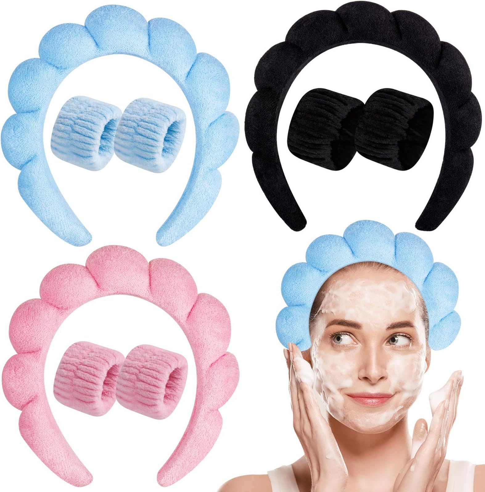 HTZNHXT9 PCS Spa Headband Wristband Set for Women, 3 Colors Makeup Skincare Headbands Wrist Washband for Washing Face, Shower, Mothers Day Gifts
