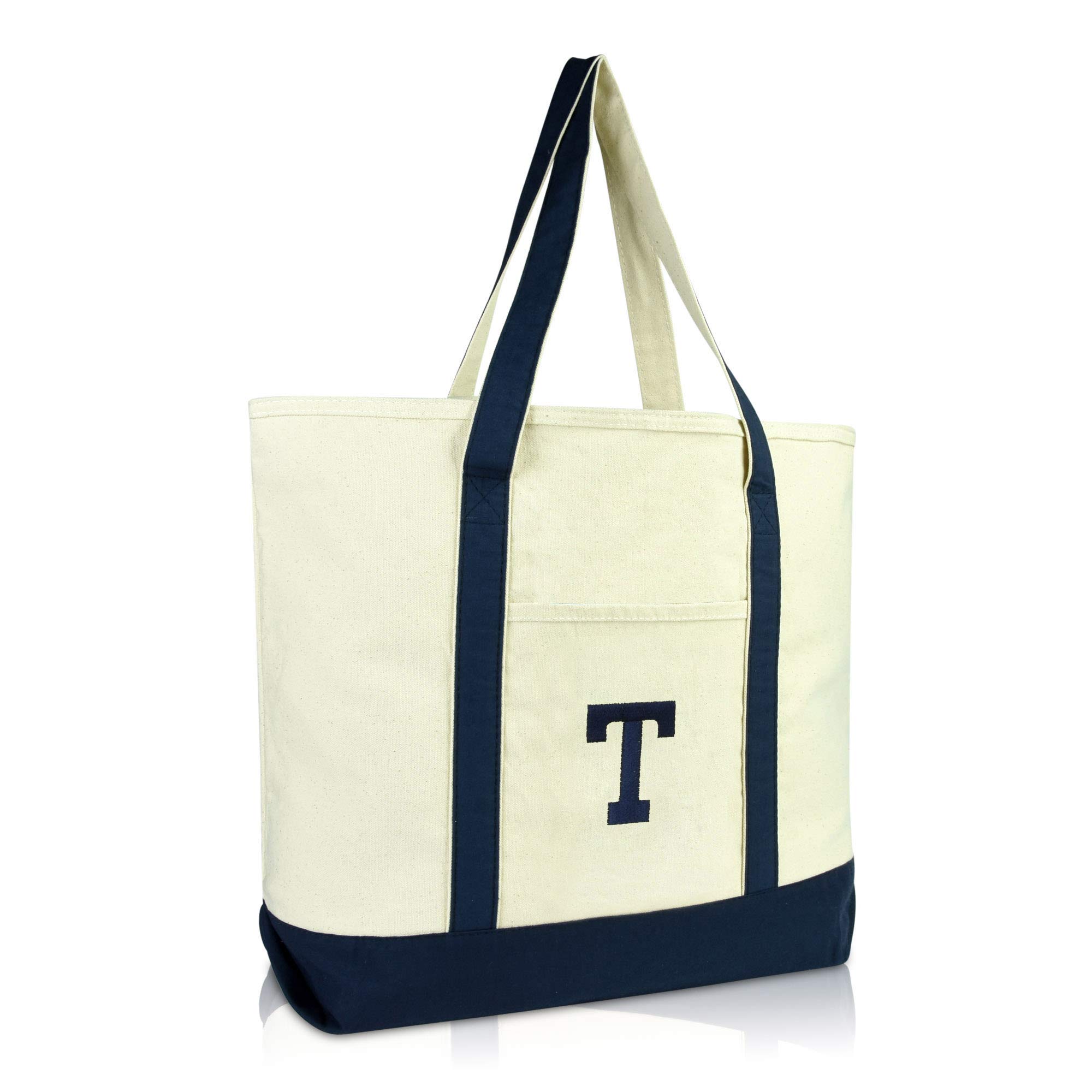 DALIX Initial Tote Bag Personalized Monogram Navy Blue Zippered Top Letter - T