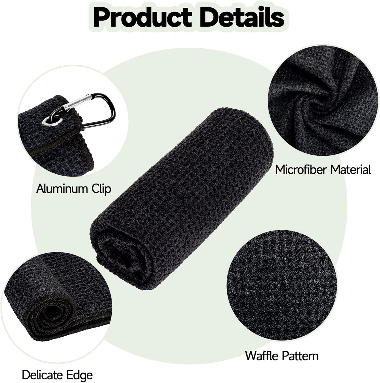 MEISO Toallas de Golf Microfibra 40xcm Ultra Absorbente Mosquetón Diseño Gofre Secado Rápido Negro