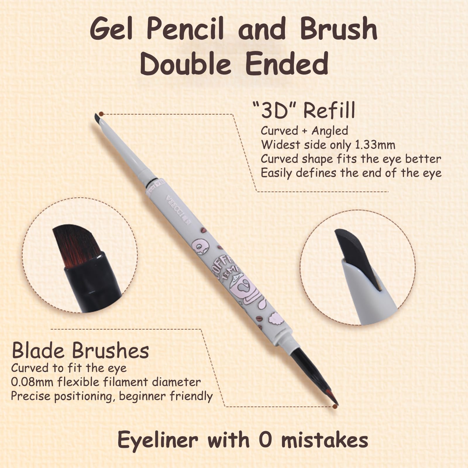 VEECCI Waterproof Eyeliner Pencil - Highly Pigmented, Smudge-Proof Formula with Ultra-Fine Tip for Precision Eye Makeup - Built in Brush - Brown for Perfect Eyelid Shading (01Black) - Image 2