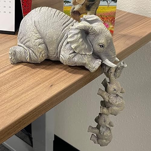 Miniatura 3 de 3 Set Elephant Shelf Sitter Figurines, Mother Elephant Hanging Baby Elephants, Mantelpiece Decoration, Elefante Statue Sculpture Resin Figurines for