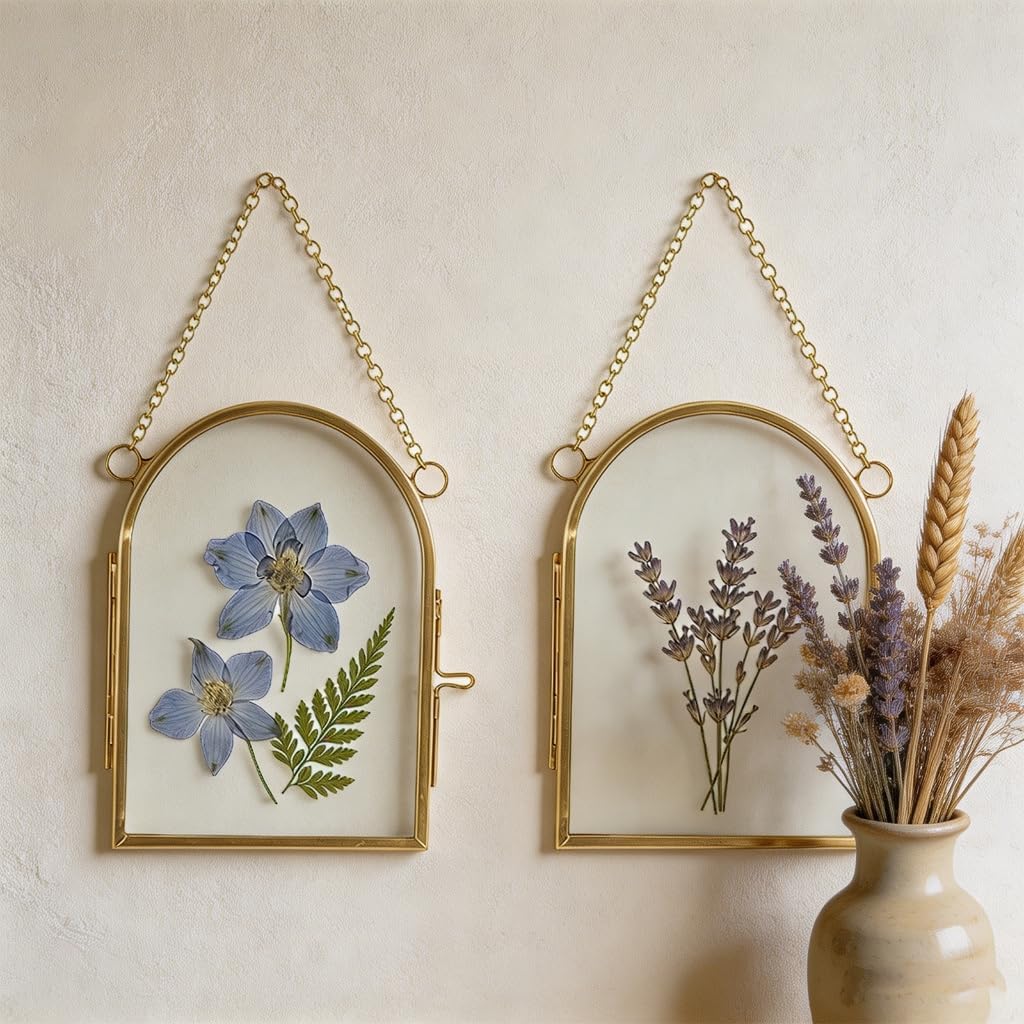Pack of 2 Mini Double Glass Pressed Flower Photo Frame Craft with Metal Chain
