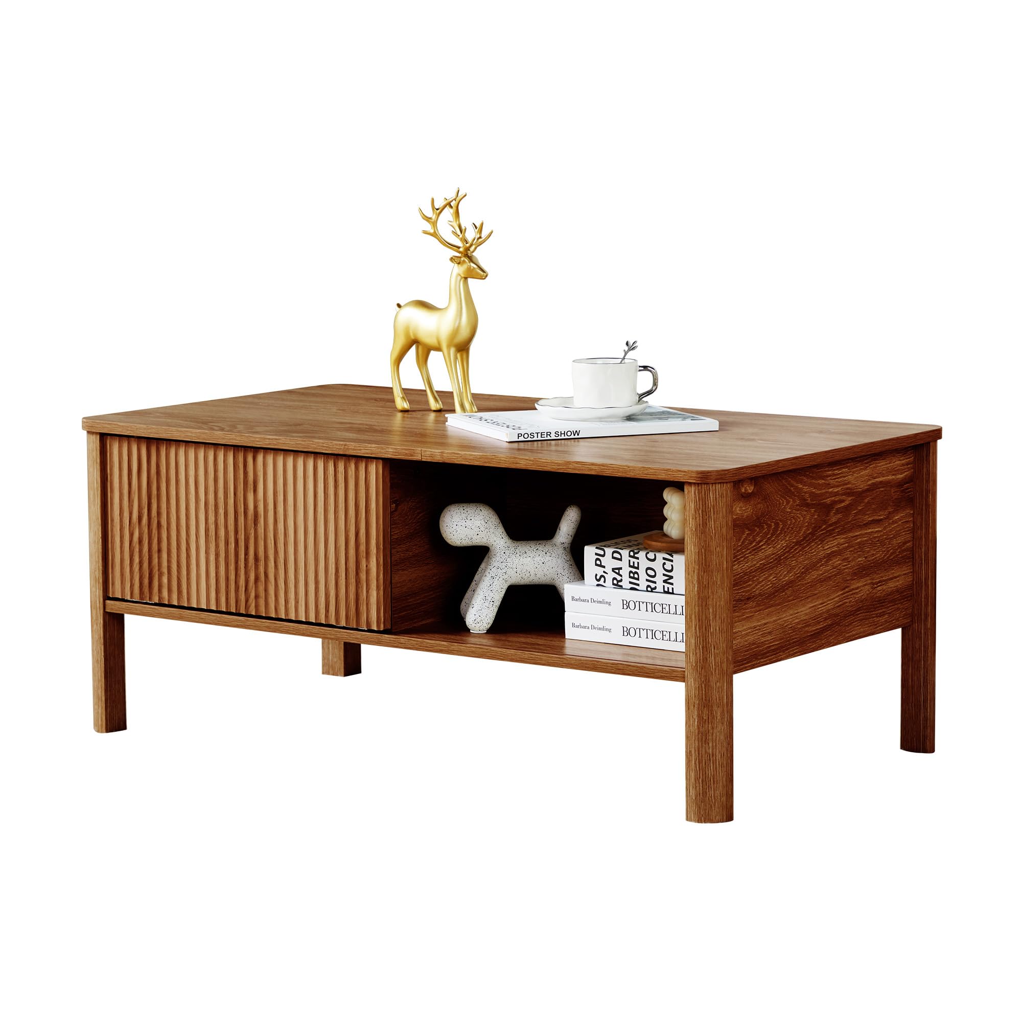 Amazon.com: affeivul Rectangle Fluted Coffee Table with Storage and Sliding Drawers, Light Wood ...
