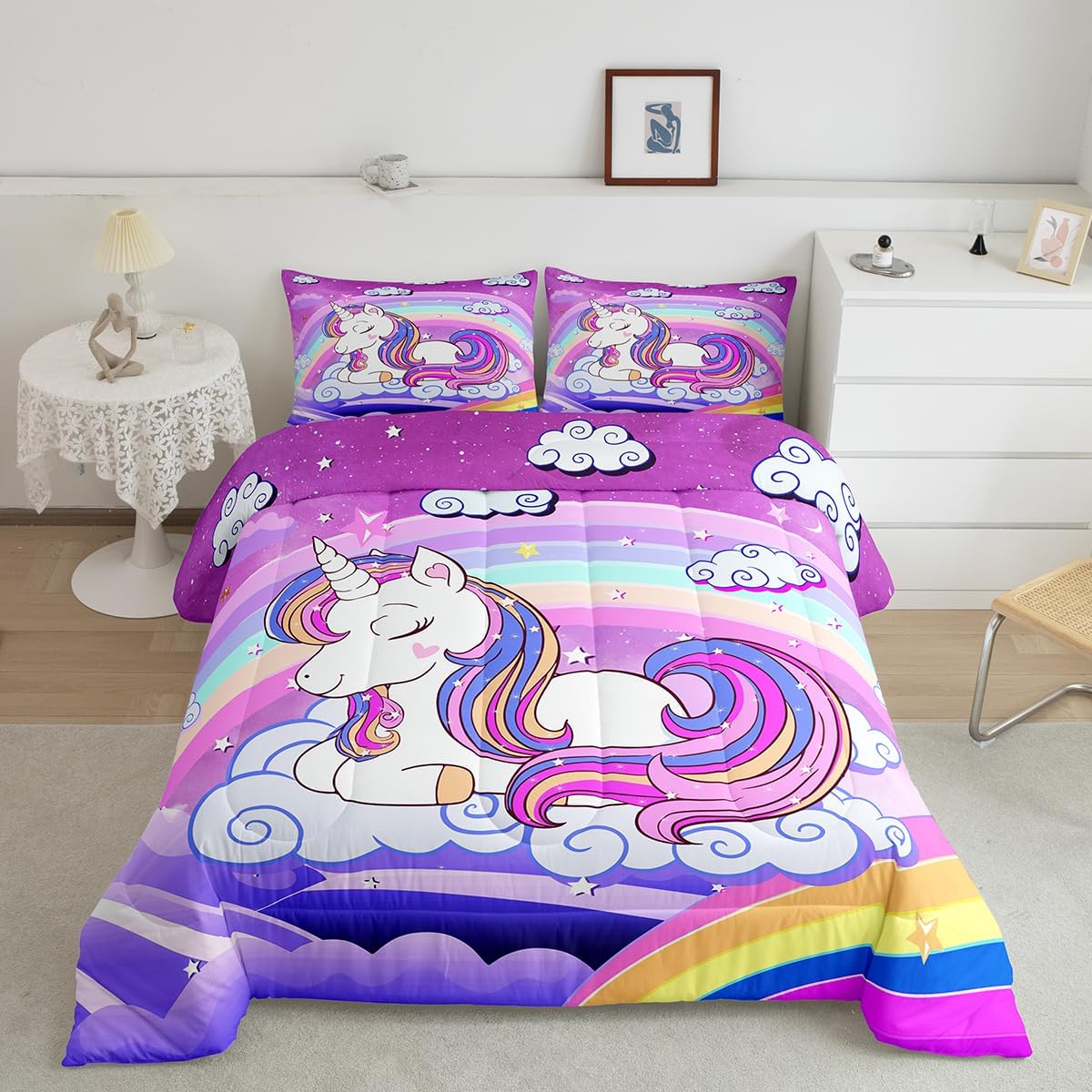 Feelyou Unicorn Bedding 3 Pieces Rainbow Unicorn Comforter Set,Cute Unicorn Comforter for Girls Teens Queen Size