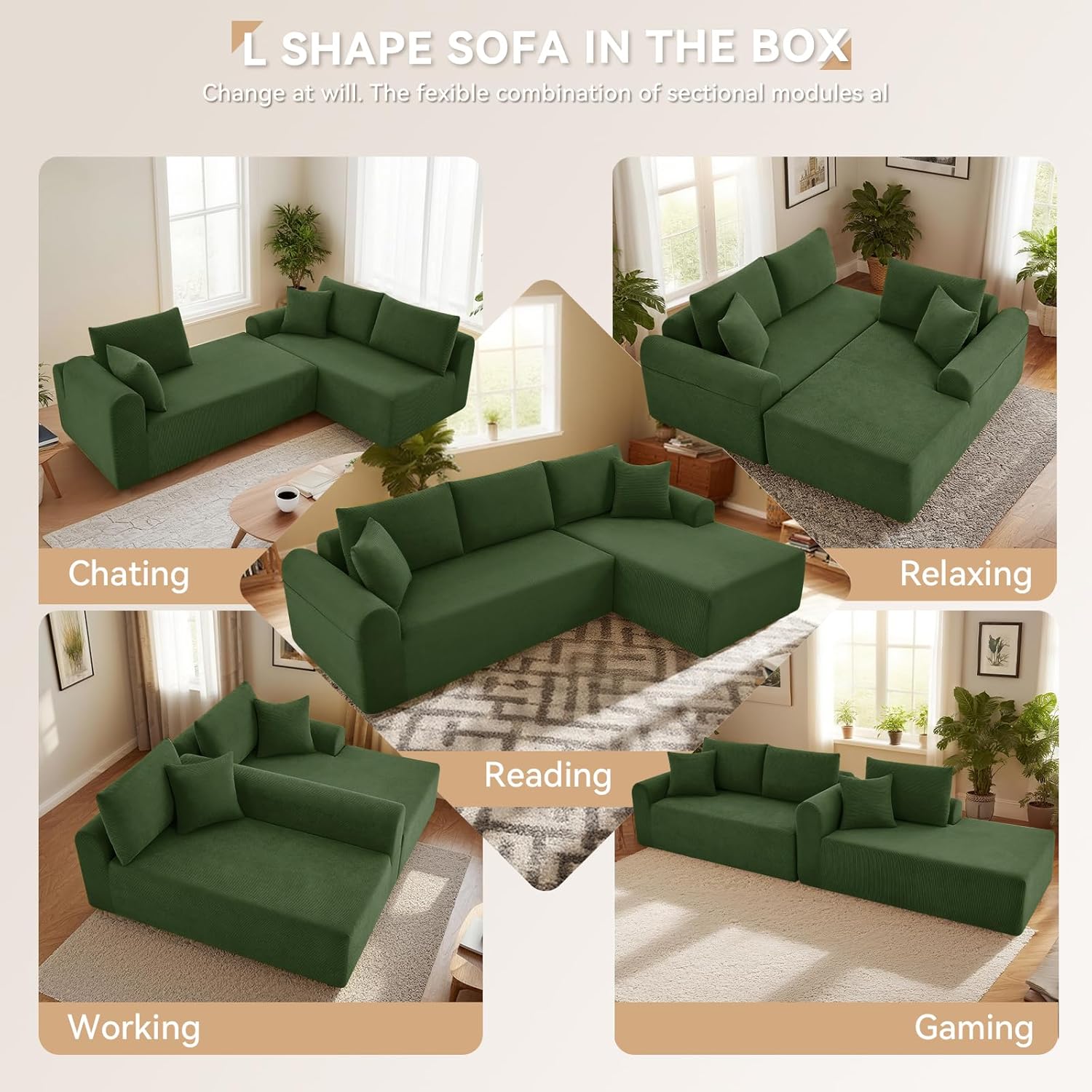 Modular Sectional Sofa with Chaise, Cloud Sectional Couch with Deep Seat, Modular L-Shape Sofa Corduroy Boneless Couch for Living Room,Bedroom,No Assembly Required(Green, Right Facing Chaise)