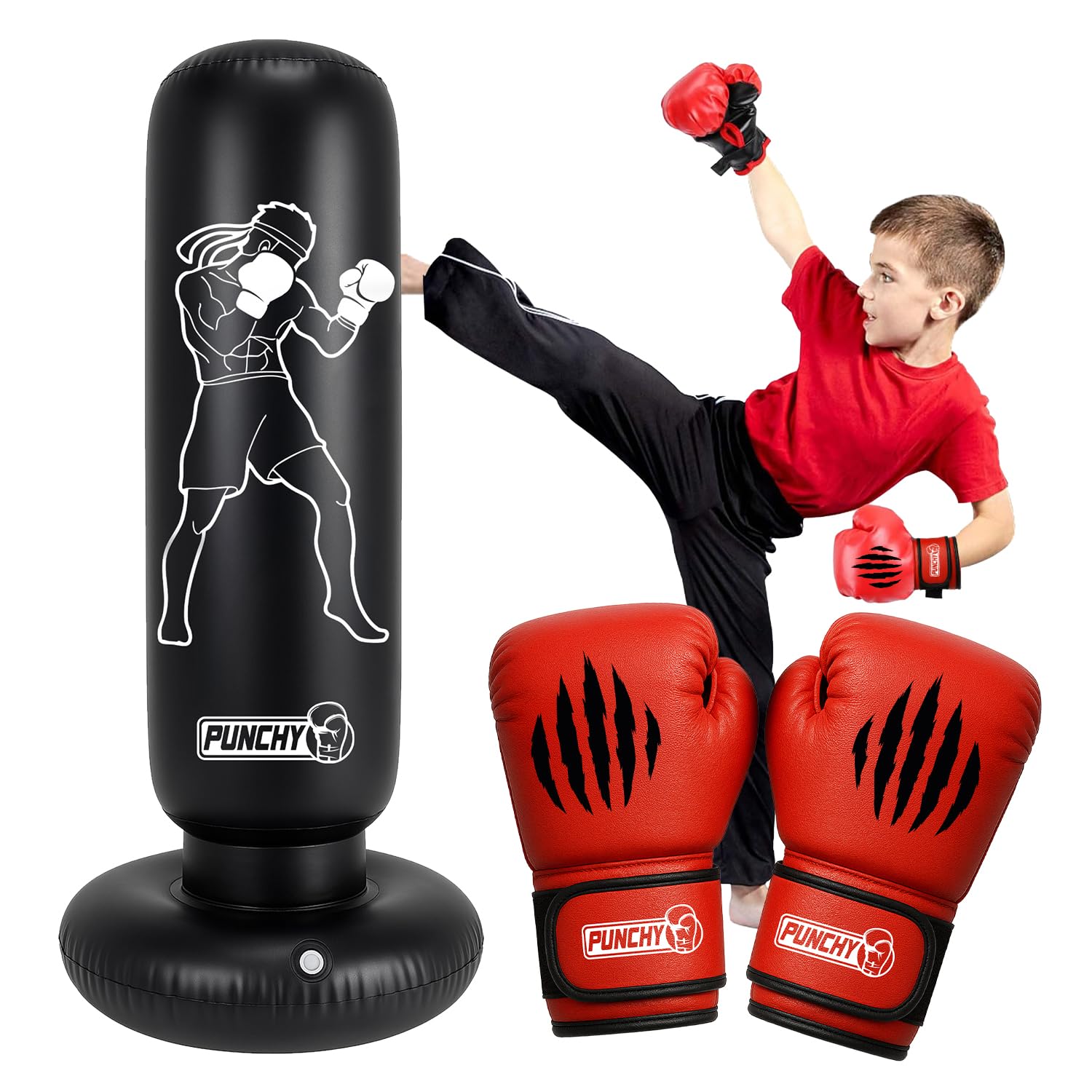 Punchy® Sacco da Box Gonfiabile per Bambini 160x55 cm | Set Boxe con Guantoni e Pompa | Giocattolo Attivo per Bambini e Bambine dai 5 Anni | Per Casa e Giardino | Aerobik®