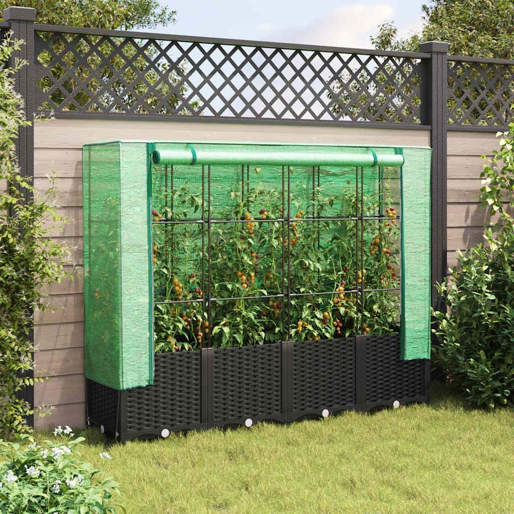 Height-Adjustable Raised Garden Bed with Greenhouse Cover 63"x15.7"x54.3" Black PP PE Iron Rattan Texture Planter Box for Balcony Patio Outdoor Herb Flower Vegetables