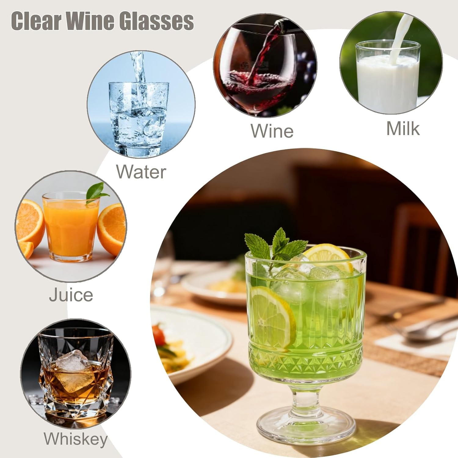 6 Pack Vintage Glass Goblets, 7.5 OZ Clear Wine Glasses, Retro Embossed Pattern Stemmed Cups, Romantic Water Drinking Glassware, for Beverages Iced Tea Beer Juice Cocktail, Dishwasher Safe - Image 5