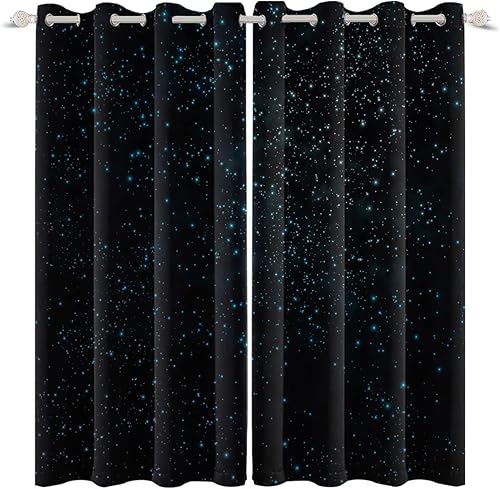 Renaiss Cortinas opacas de cielo estrellado para ventana de estrellas azules brillantes, cortinas opacas de cielo nocturno negro transparente para