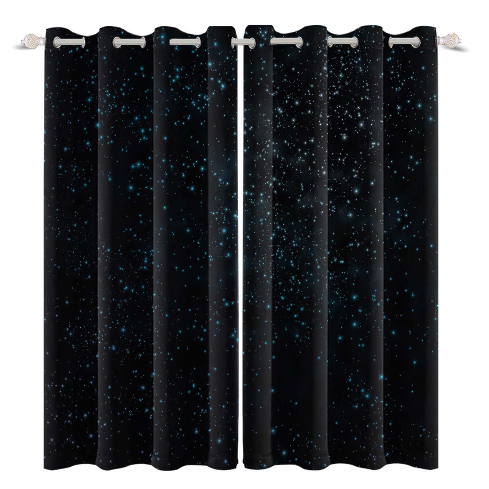 Renaiss Starry Starry Sky Window Curtains Blue Brilliant Stars Window Treatments Black Clear Night Sky Blackout Drapes for Man Woman Bedroom Living