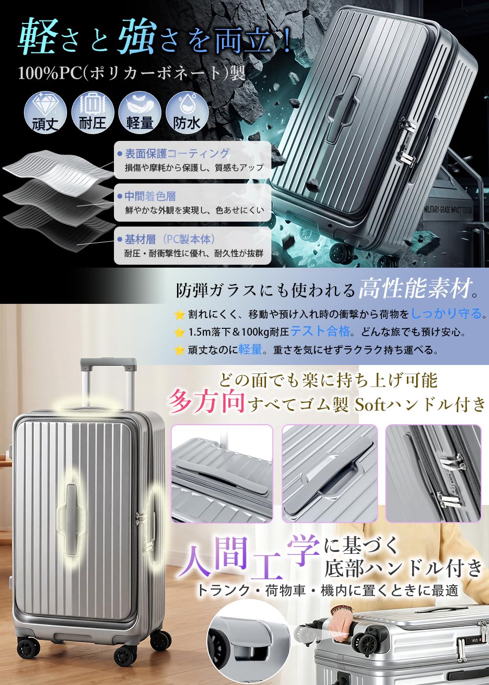 [J.K.T] スーツケース フロントオープン 前開き キャリーケース 機内持ち込み 軽量 Sサイズ 【1:9と3:7の2WAY開き方 黄金比の収納】 両開きスーツケース 小型 パソコン専用収納付き 多機能 ストッパー付き 静音キャスター PC製 頑丈 TSAロック搭載 防爆ジッパー 出張 国内 海外 短期旅行 キャリーバッグ suitcase 男女兼用 - 5