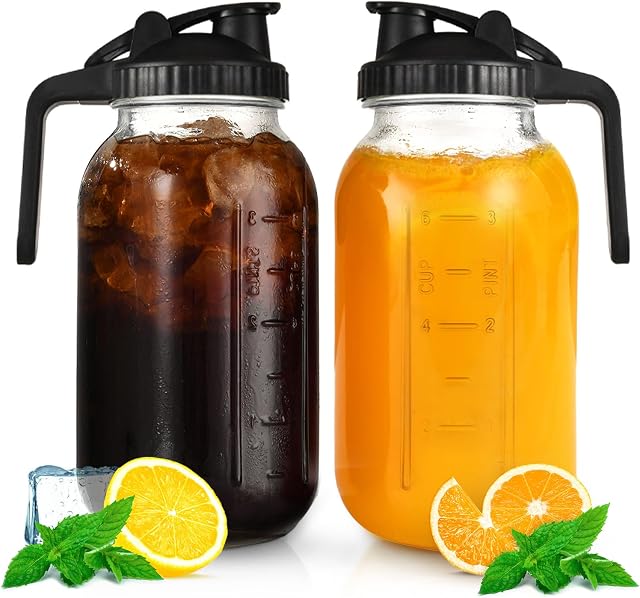 2 Pitcher en verre d'emballage avec couvercle, 64oz Pitcher en verre étanche avec limace, jug d'eau de la bouche large pour le café de la brasserie froide, jus, lait, thé glacé, jugg de lait maternel avec bouchon en flip