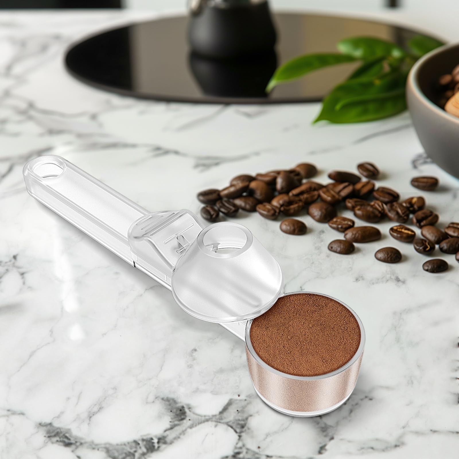 Lot de 2 cuillères à café et entonnoir pour dosettes de café réutilisables et rechargeables, capacité de 2 cuillères à soupe, pelle avec entonnoir pour café moulu, poudre de protéine, thé (transparent