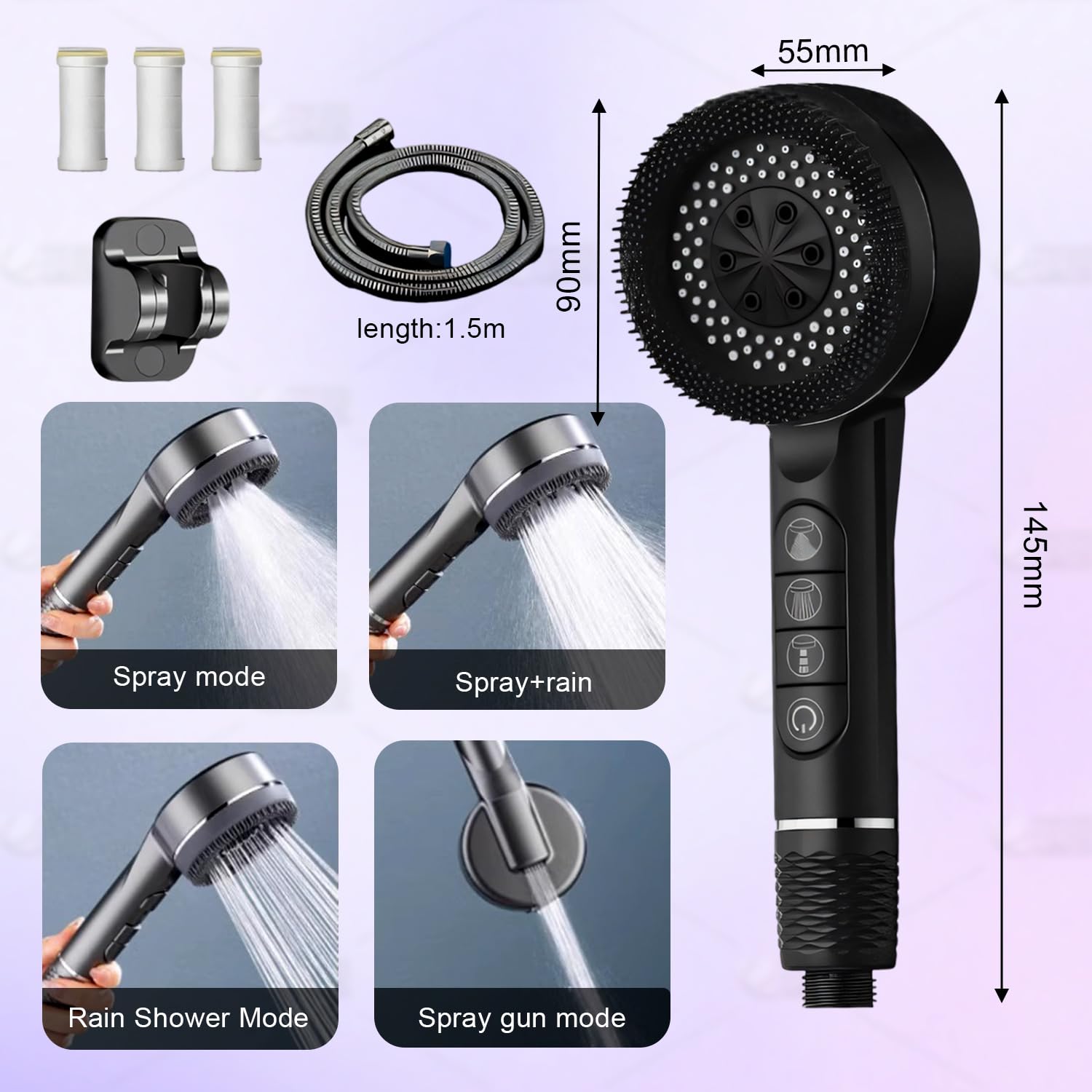 SIGANDG High Pressure Shower Heads Hard Water Filter Shower Head 4-Setting Shower Head with 1.5m Shower Hose and Shower Stand Massage Water Saving Large Shower(Black) - Image 2