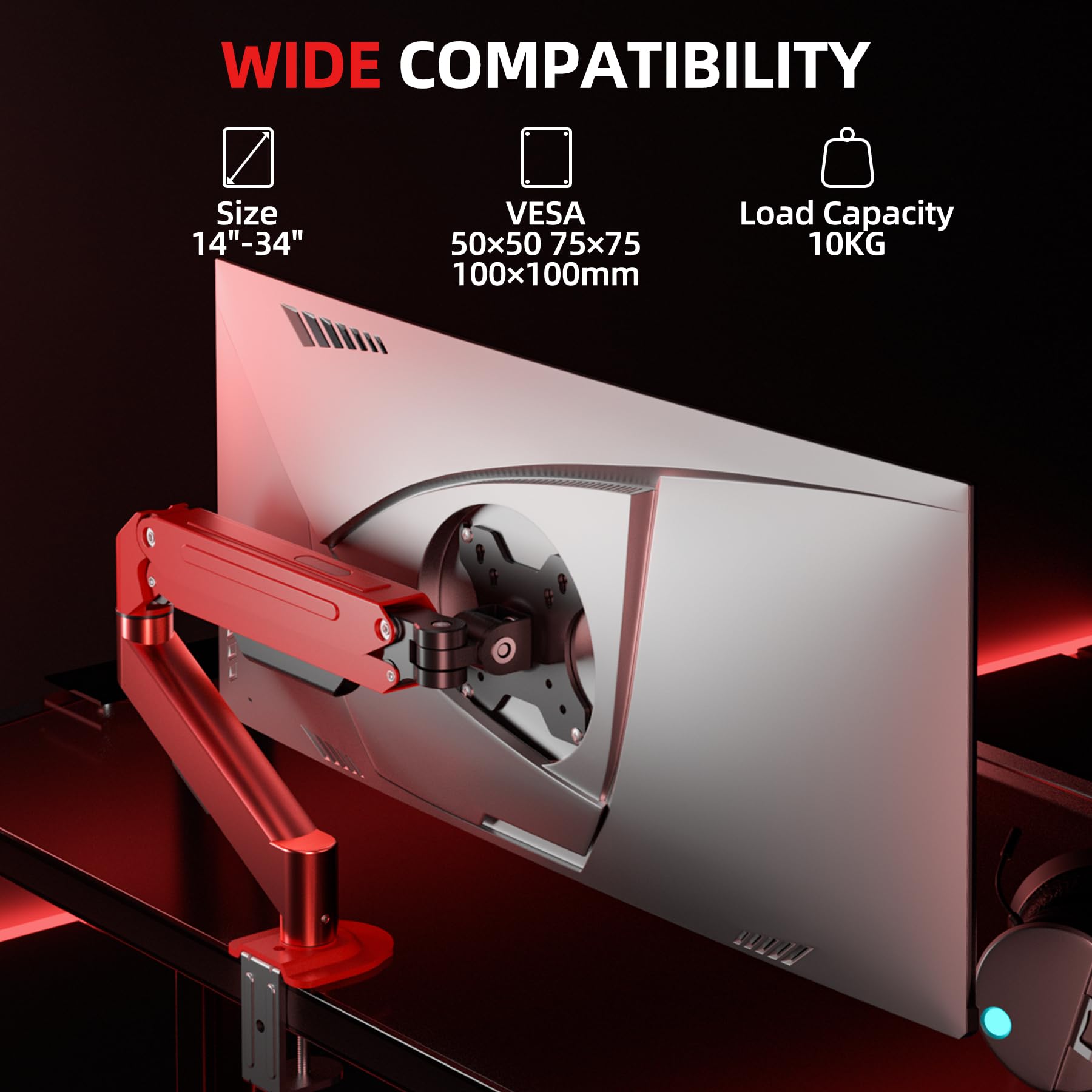 Supporto per monitor da 17 – 34 pollici, con molla a gas, capacità di carico di 2 – 9 kg, supporto per monitor, braccio singolo, morsetto per scrittura, 50/75/100 mm (rosso)
