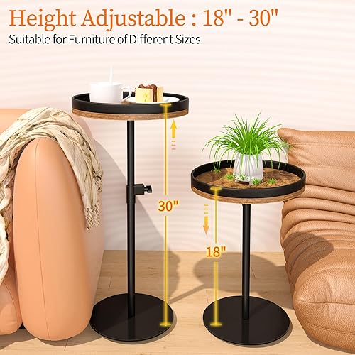Miniatura 4 de Mesa de bebidas, pequeña mesa auxiliar redonda de altura ajustable con base de metal pesada, mesa de pedestal para espacios pequeños, mesa de acento
