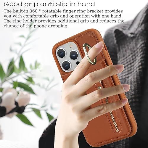 Miniatura 10 de Funda para iPhone 13 Mini con tarjetero para mujer, iPhone 13 Mini Funda para teléfono con tarjeta de crédito con anillo de soporte, cremallera a