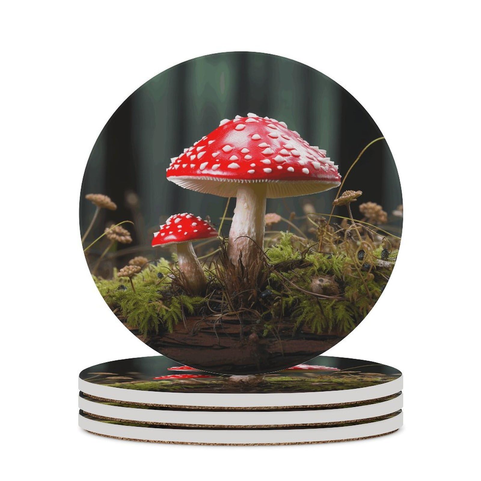 Red and White Mushroom Drink Coasters with Holder for Coffee Table,Ceramic Coaster with Cork Base,Ceramic Stone Coaster for Iced Cold Or Hot Drinks,4.1 Inches