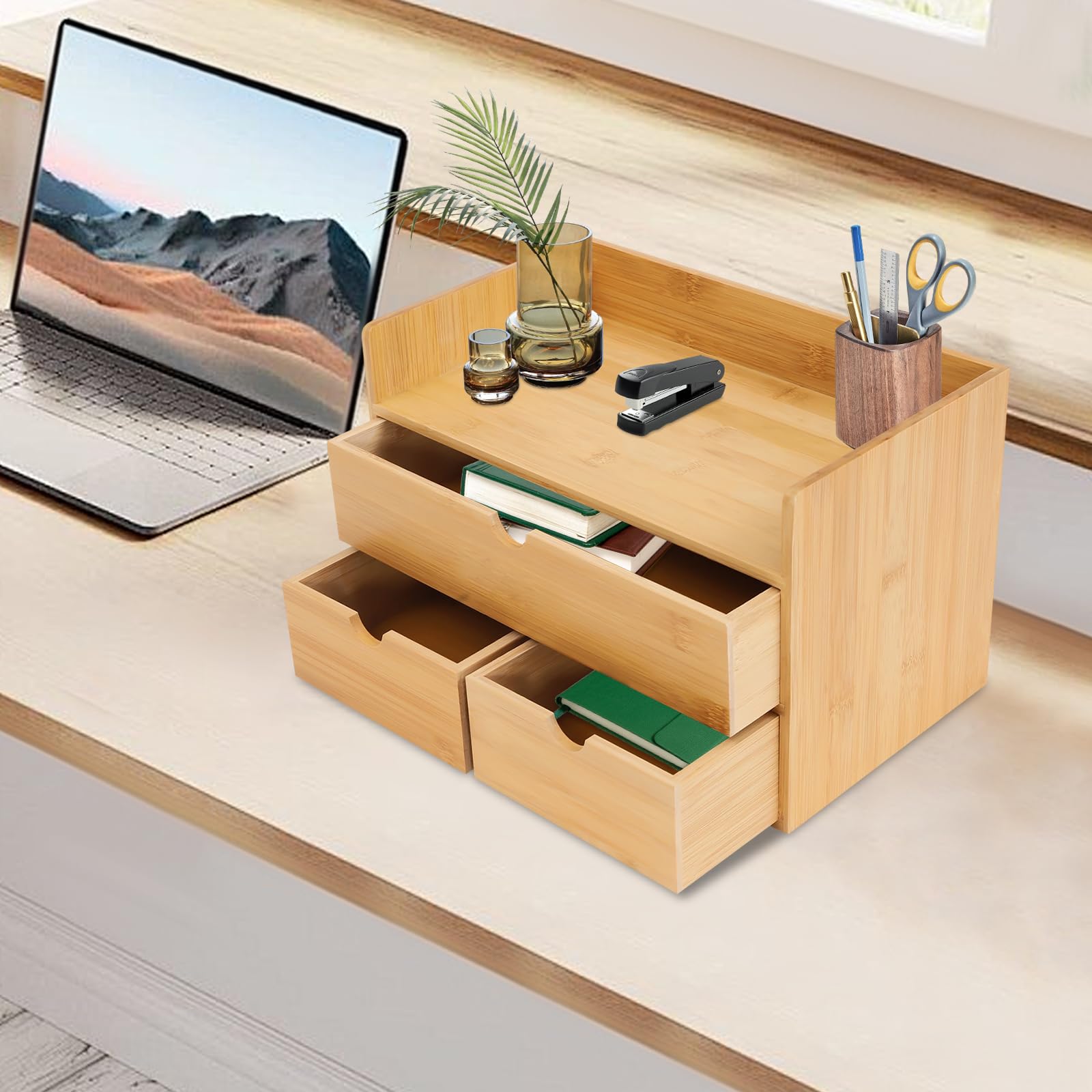 Organizer da scrivania in bambù con 3 cassetti, in bambù naturale, con parte superiore posizionabile, per ufficio, soggiorno, camera da letto