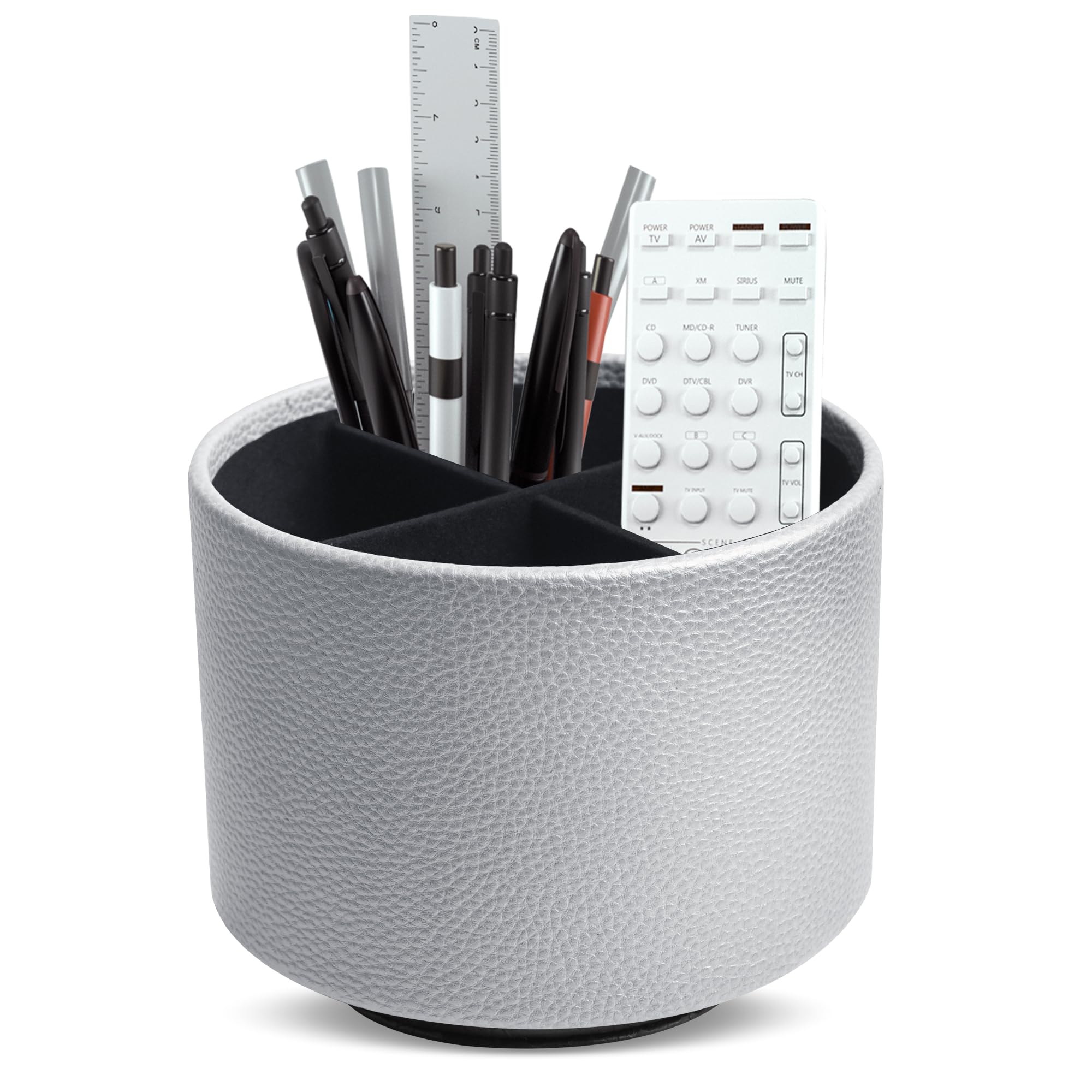Mtzmy Round Leather Art Supply Organizer,Remote Control Holder,360 Degree Spinning,Multi-Functional Pencil Holder,4 Compartments Desktop Stationary Organizer(1-Lichee Silver)