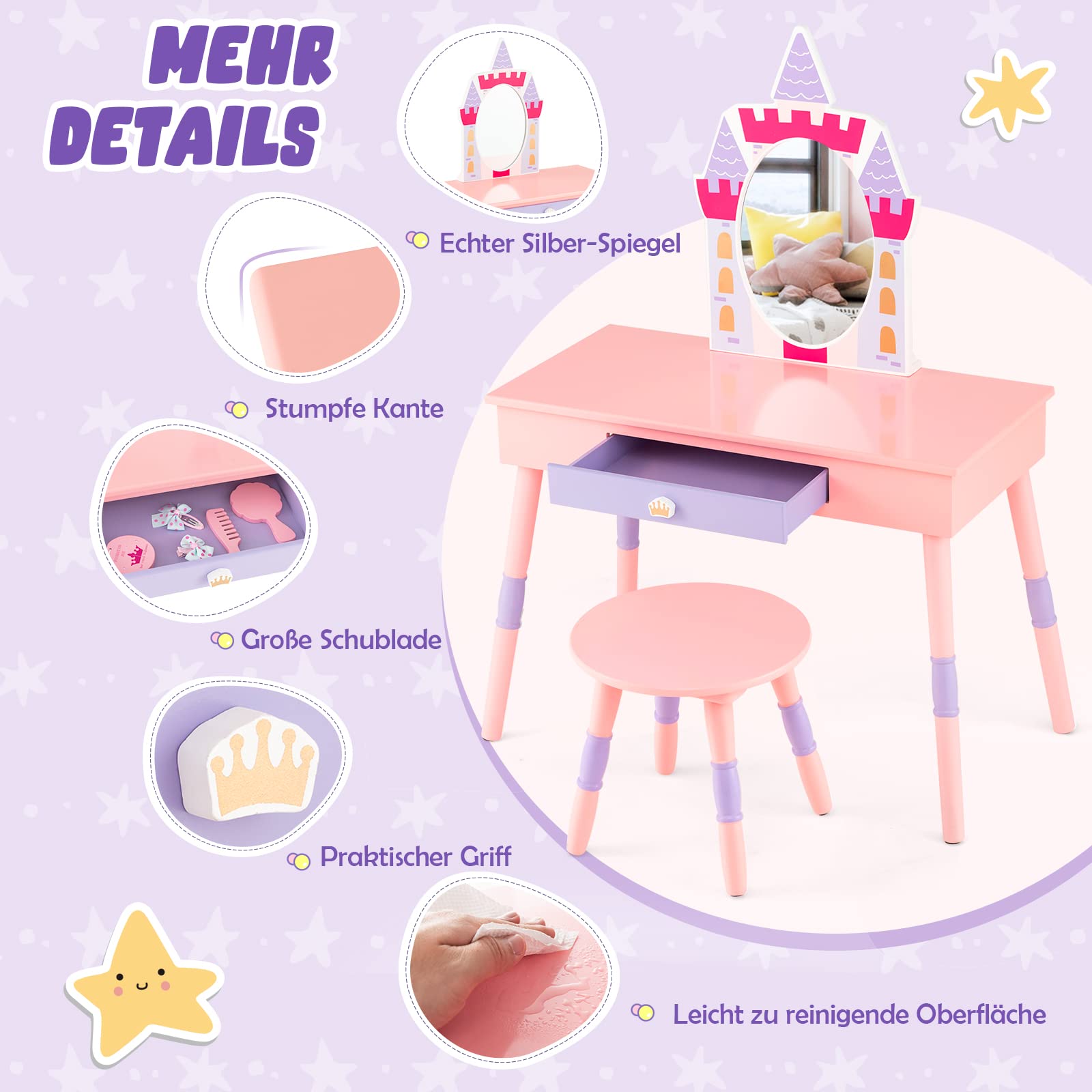 GOPLUS Kinder Schminktisch mit Spiegel, Prinzessin Frisiertisch mit Wachstumstabelle, Türhänger, Kleiderhaken & Wandregal, Kosmetiktisch Holz mit Hocker, Mädchen