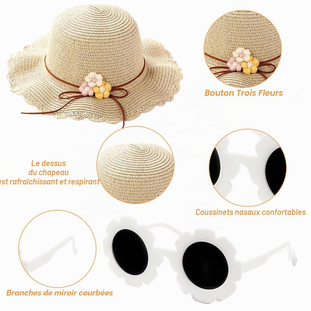 Chapeau De Soleil Et Sac en Tricot De Paille 3 Pièces,Lunette De Soleil,Chapeau Paille Enfant 3-8 Ans avec Décoration Florale pour Accessoires Voyage Extérieur(Blanc Crème)