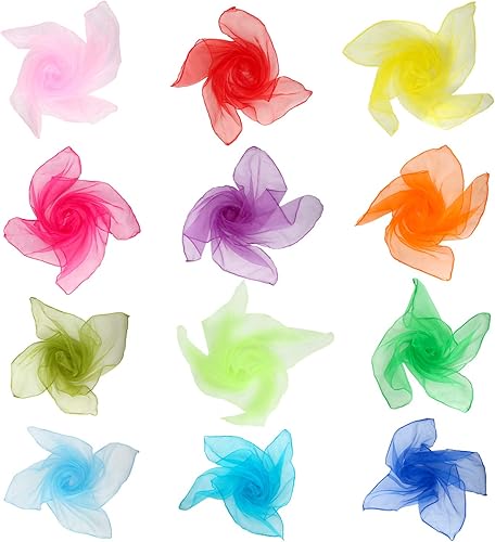 Miniatura 9 de Bufandas cuadradas de baile, 24 piezas de bufandas de malabarismo, bufandas de seda de truco mágico, bufanda de movimiento musical, 12 colores, 24 x